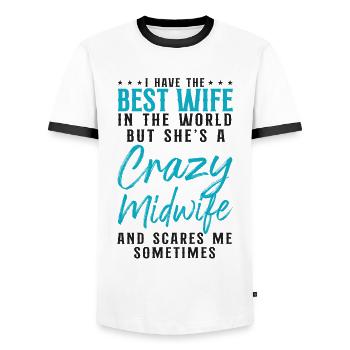 Nurse Midwife Birth Worker Wife - Men's Ringer Shirt - white/black - Front - AI Model Female 172 light (172cm) & AI Model Male 178 dark (178cm)