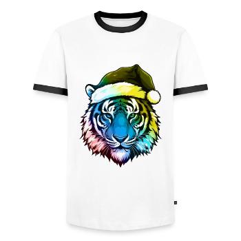 Tiger Kopf Weihnachten Portät Bunt - Männer Kontrast-T-Shirt - Weiß/Schwarz - Vorne - AI Model Female 172 light (172cm) & AI Model Male 178 dark (178cm)