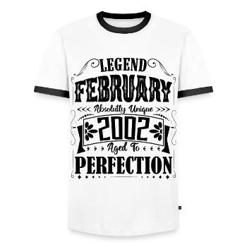February 2002. Birthday Gift February 2002. - Men's Ringer Shirt - white/black - Front - AI Model Female 172 light (172cm) & AI Model Male 178 dark (178cm)