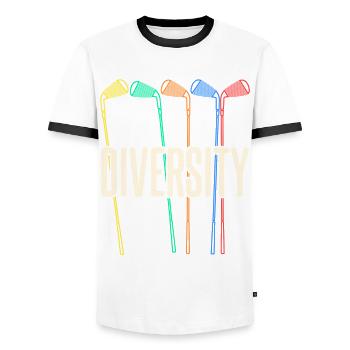 Club de golf Diversity Parcours de golf - T-shirt contrasté Homme - blanc/noir - Devant - AI Model Female 172 light (172cm) & AI Model Male 178 dark (178cm)
