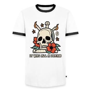 Tout n’était qu’un rêve : des crânes, des roses et des bougies - T-shirt contrasté Homme - blanc/noir - Devant - AI Model Female 172 light (172cm) & AI Model Male 178 dark (178cm)