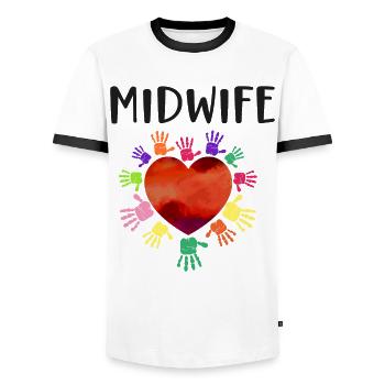 Infirmière Sage-femme Accoucheuse Coeur - T-shirt contrasté Homme - blanc/noir - Devant - AI Model Female 172 light (172cm) & AI Model Male 178 dark (178cm)