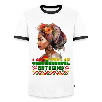 Black Queen Curly Afro - Celebrate Black History - Men's Ringer Shirt - white/black - Front - AI Model Female 172 light (172cm) & AI Model Male 178 dark (178cm)