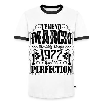 March 1977. March 1977 Birthday Gift. March. - Men's Ringer Shirt - white/black - Front - AI Model Female 172 light (172cm) & AI Model Male 178 dark (178cm)