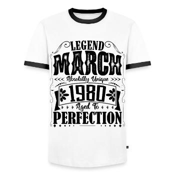 March 1980. March 1980 Birthday Gift. March. - Men's Ringer Shirt - white/black - Front - AI Model Female 172 light (172cm) & AI Model Male 178 dark (178cm)