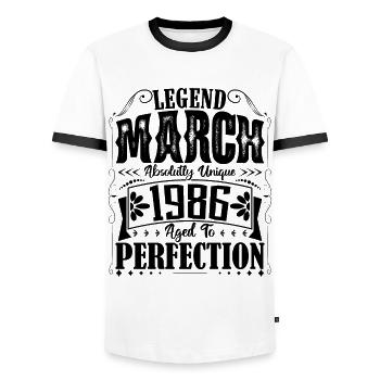 März 1986. März 1986 Geburtstagsgeschenk. März. - Männer Kontrast-T-Shirt - Weiß/Schwarz - Vorne - AI Model Female 172 light (172cm) & AI Model Male 178 dark (178cm)