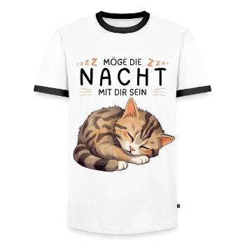 Möge die Nacht mit dir sein - Schlafshirt Katze - Männer Kontrast-T-Shirt - Weiß/Schwarz - Vorne - AI Model Female 172 light (172cm) & AI Model Male 178 dark (178cm)