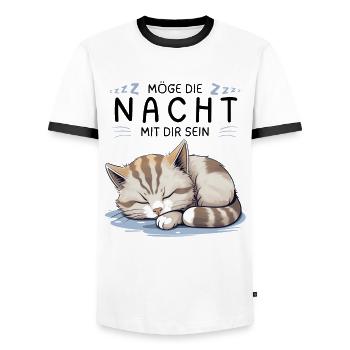 Möge die Nacht mit dir sein - Schlafshirt Katze - Männer Kontrast-T-Shirt - Weiß/Schwarz - Vorne - AI Model Female 172 light (172cm) & AI Model Male 178 dark (178cm)