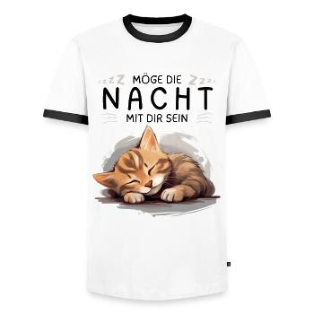 Möge die Nacht mit dir sein - Schlafshirt Katze - Männer Kontrast-T-Shirt - Weiß/Schwarz - Vorne - AI Model Female 172 light (172cm) & AI Model Male 178 dark (178cm)