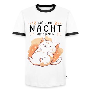 Möge die Nacht mit dir sein - Schlafshirt Katze - Männer Kontrast-T-Shirt - Weiß/Schwarz - Vorne - AI Model Female 172 light (172cm) & AI Model Male 178 dark (178cm)