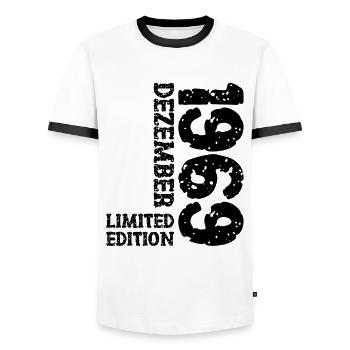 1969 December Limited Edition 54th Birthday Decoration - Men's Ringer Shirt - white/black - Front - AI Model Female 172 light (172cm) & AI Model Male 178 dark (178cm)