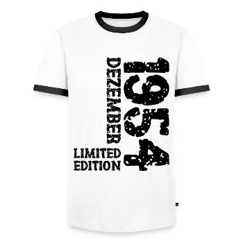 1954 December Limited Edition 69th Birthday Decoration - Men's Ringer Shirt - white/black - Front - AI Model Female 172 light (172cm) & AI Model Male 178 dark (178cm)