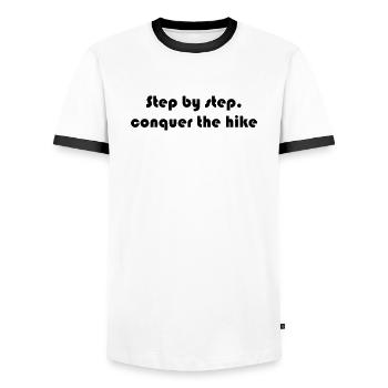 Hiking - Step by step, conquer the hike - Men's Ringer Shirt - white/black - Front - AI Model Female 172 light (172cm) & AI Model Male 178 dark (178cm)