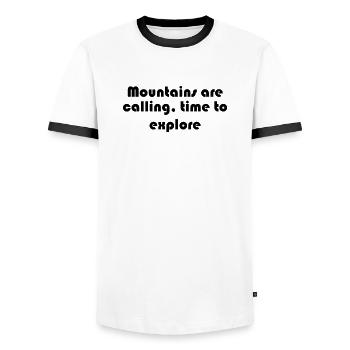 Hiking - Mountains are calling, time to explore - Men's Ringer Shirt - white/black - Front - AI Model Female 172 light (172cm) & AI Model Male 178 dark (178cm)