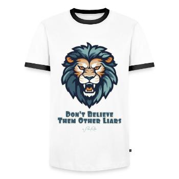 Ne crois pas les autres menteurs, le lion - T-shirt contrasté Homme - blanc/noir - Devant - AI Model Female 172 light (172cm) & AI Model Male 178 dark (178cm)