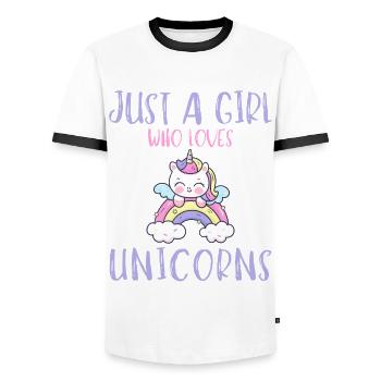 Just a girl who loves unicorns. - Men's Ringer Shirt - white/black - Front - AI Model Female 172 light (172cm) & AI Model Male 178 dark (178cm)