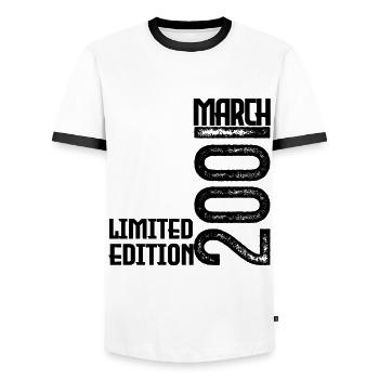 March 2001 Birthday Gift. March 2001. March - Men's Ringer Shirt - white/black - Front - AI Model Female 172 light (172cm) & AI Model Male 178 dark (178cm)