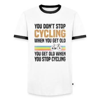 You don't stop cycling because you're getting old - Men's Ringer Shirt - white/black - Front - AI Model Female 172 light (172cm) & AI Model Male 178 dark (178cm)