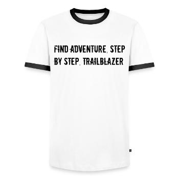 Hiking - Find adventure, step by step, - Men's Ringer Shirt - white/black - Front - AI Model Female 172 light (172cm) & AI Model Male 178 dark (178cm)