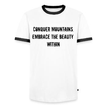 Randonnée - Partez à la conquête des montagnes, embrassez la beauté - T-shirt contrasté Homme - blanc/noir - Devant - AI Model Female 172 light (172cm) & AI Model Male 178 dark (178cm)