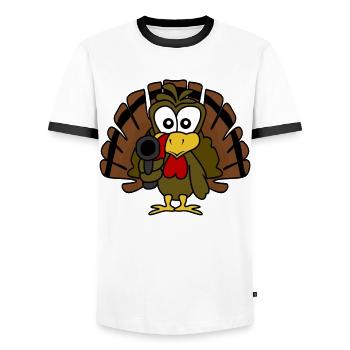 Dinde avec pistolet Dindes de Thanksgiving - T-shirt contrasté Homme - blanc/noir - Devant - AI Model Female 172 light (172cm) & AI Model Male 178 dark (178cm)