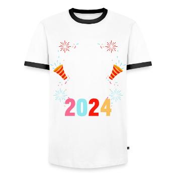 Happy New Year New Year's Eve 2024 - Men's Ringer Shirt - white/black - Front - AI Model Female 172 light (172cm) & AI Model Male 178 dark (178cm)