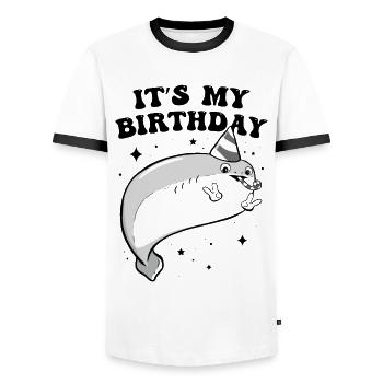Sacabambaspis Fish Meme Birthday Party - Men's Ringer Shirt - white/black - Front - AI Model Female 172 light (172cm) & AI Model Male 178 dark (178cm)