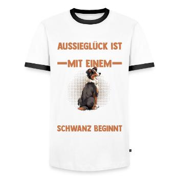 Australian Shepherd Hund Aussie - Männer Kontrast-T-Shirt - Weiß/Schwarz - Vorne - AI Model Female 172 light (172cm) & AI Model Male 178 dark (178cm)