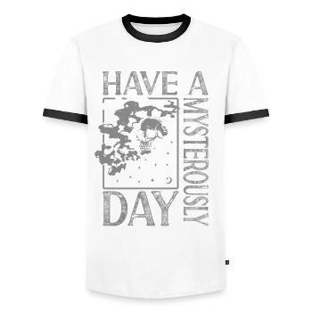 Professional Ghost Hunter Funny Mysteriously Day - Men's Ringer Shirt - white/black - Front - AI Model Female 172 light (172cm) & AI Model Male 178 dark (178cm)