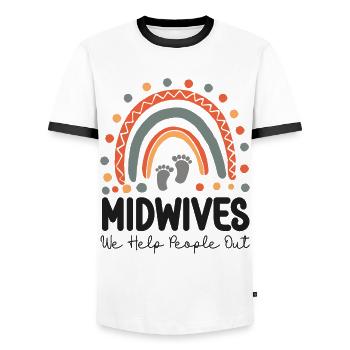 Nurse Midwife Birth Worker Pun - Men's Ringer Shirt - white/black - Front - AI Model Female 172 light (172cm) & AI Model Male 178 dark (178cm)