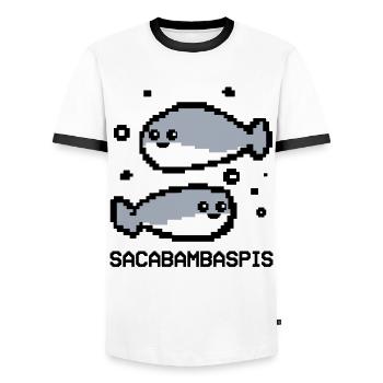 Fish Meme Pixel Couple - Men's Ringer Shirt - white/black - Front - AI Model Female 172 light (172cm) & AI Model Male 178 dark (178cm)