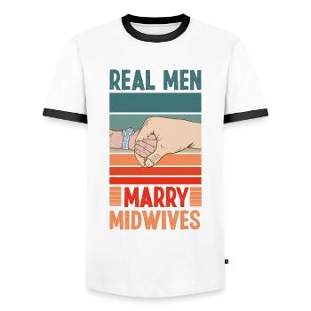 Nurse Midwife Birth Worker - Men's Ringer Shirt - white/black - Front - AI Model Female 172 light (172cm) & AI Model Male 178 dark (178cm)