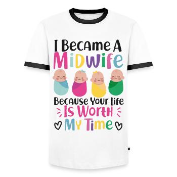 Infirmière sage-femme accoucheuse I - T-shirt contrasté Homme - blanc/noir - Devant - AI Model Female 172 light (172cm) & AI Model Male 178 dark (178cm)