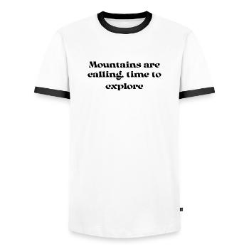 Hiking - Mountains are calling, time to explore - Men's Ringer Shirt - white/black - Front - AI Model Female 172 light (172cm) & AI Model Male 178 dark (178cm)