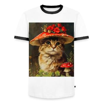 Chat Vintage dans un chapeau de fleur champignon Cottagecore - T-shirt contrasté Homme - blanc/noir - Devant - AI Model Female 172 light (172cm) & AI Model Male 178 dark (178cm)