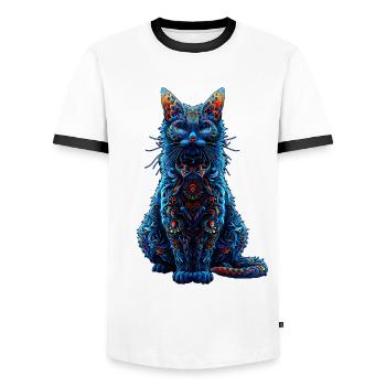 Komplizierter psychedelischer Fraktal-Katze-Rave-Pilz - Männer Kontrast-T-Shirt - Weiß/Schwarz - Vorne - AI Model Female 172 light (172cm) & AI Model Male 178 dark (178cm)