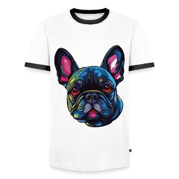 French Bulldog Dog Head - Men's Ringer Shirt - white/black - Front - AI Model Female 172 light (172cm) & AI Model Male 178 dark (178cm)