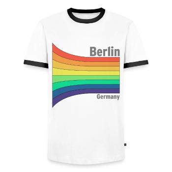 Berlin Rainbow Pride Souvenir Party Favor - Men's Ringer Shirt - white/black - Front - AI Model Female 172 light (172cm) & AI Model Male 178 dark (178cm)