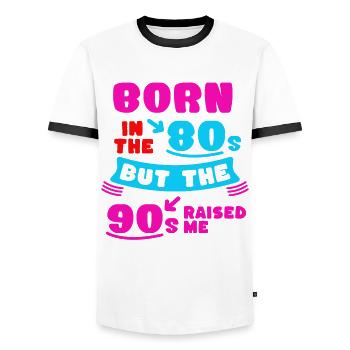 Né dans les années 80 élevé par les années 90 - T-shirt contrasté Homme - blanc/noir - Devant - AI Model Female 172 light (172cm) & AI Model Male 178 dark (178cm)