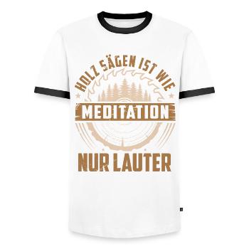 HOLZ HACKEN IST MEDITATION - NUR LAUTER - Männer Kontrast-T-Shirt - Weiß/Schwarz - Vorne - AI Model Female 172 light (172cm) & AI Model Male 178 dark (178cm)