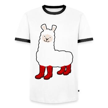 Alpaca with Red Rain Boots - Men's Ringer Shirt - white/black - Front - AI Model Female 172 light (172cm) & AI Model Male 178 dark (178cm)