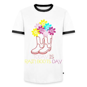 Red Rain Boots with Flowers - Men's Ringer Shirt - white/black - Front - AI Model Female 172 light (172cm) & AI Model Male 178 dark (178cm)