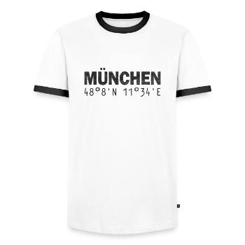 München Koordinaten GPS - Männer Kontrast-T-Shirt - Weiß/Schwarz - Vorne - AI Model Female 172 light (172cm) & AI Model Male 178 dark (178cm)
