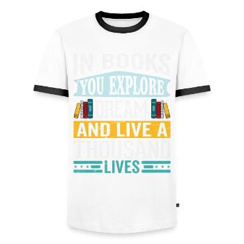 In Books You Explore Bookish Saying Apparel - Men's Ringer Shirt - white/black - Front - AI Model Female 172 light (172cm) & AI Model Male 178 dark (178cm)
