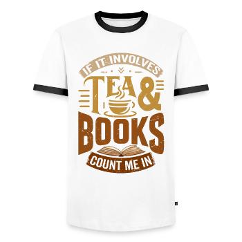 TEA AND BOOKS - COUNT ME IN - Bookworm Book - Men's Ringer Shirt - white/black - Front - AI Model Female 172 light (172cm) & AI Model Male 178 dark (178cm)