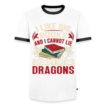 Dragon Book Saying - I Like Big Books - Men's Ringer Shirt - white/black - Front - AI Model Female 172 light (172cm) & AI Model Male 178 dark (178cm)