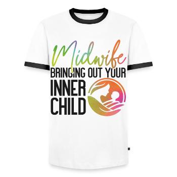Nurse Midwife Birth Worker Pun - Men's Ringer Shirt - white/black - Front - AI Model Female 172 light (172cm) & AI Model Male 178 dark (178cm)