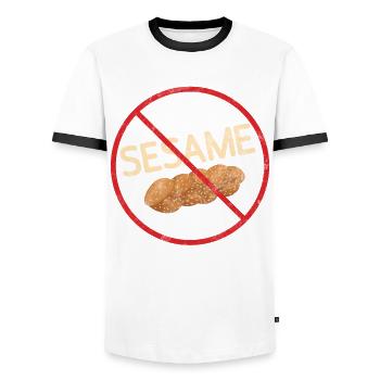 No Sesame Allergy Awareness Warning Allergic - Men's Ringer Shirt - white/black - Front - AI Model Female 172 light (172cm) & AI Model Male 178 dark (178cm)