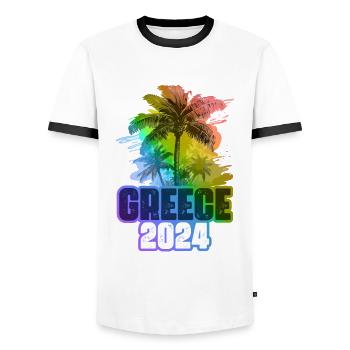 Grèce 2024 Vacances Palmiers Multicolores - T-shirt contrasté Homme - blanc/noir - Devant - AI Model Female 172 light (172cm) & AI Model Male 178 dark (178cm)