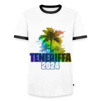 Tenerife 2024 Vacances Palmiers Colorés - T-shirt contrasté Homme - blanc/noir - Devant - AI Model Female 172 light (172cm) & AI Model Male 178 dark (178cm)